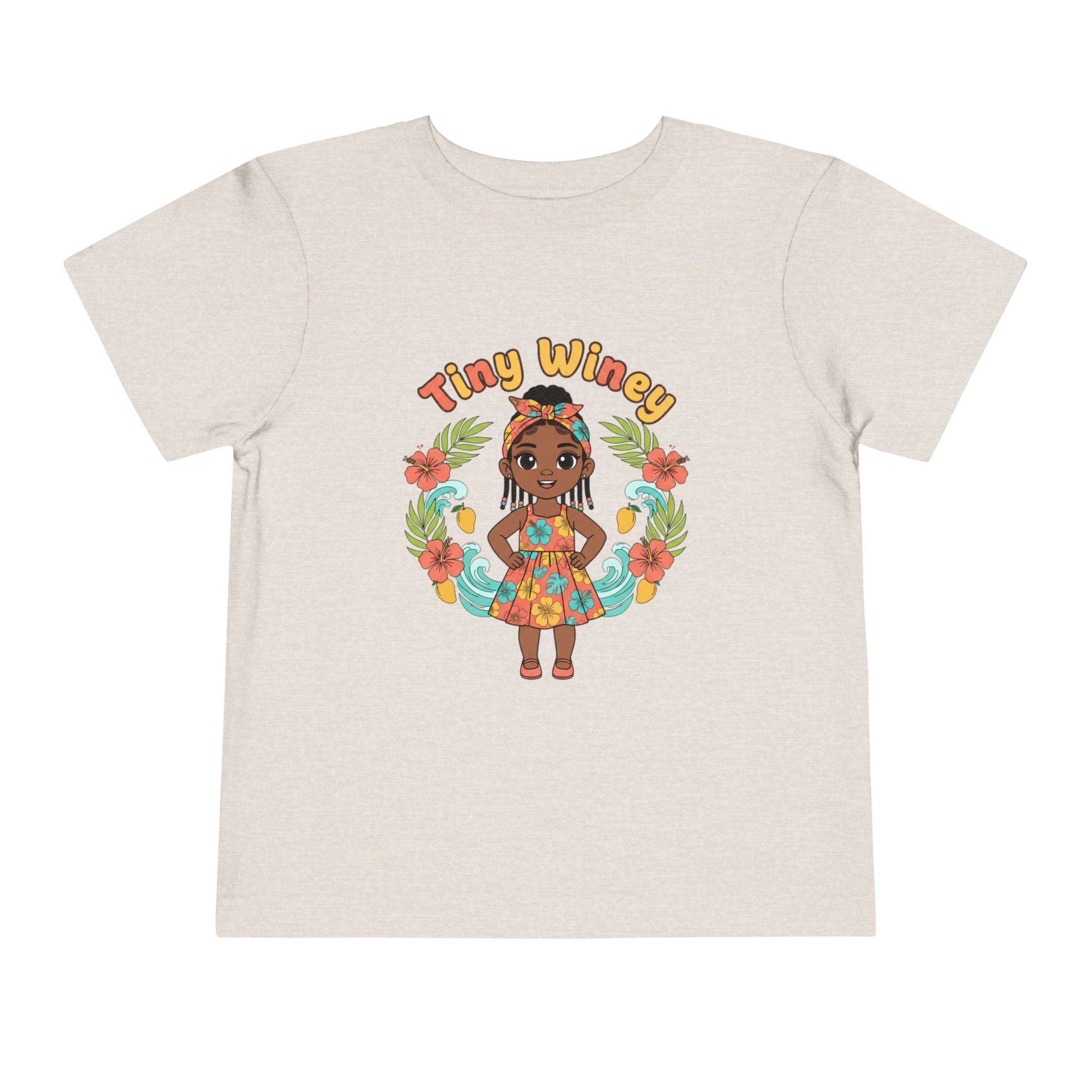 Beige t-shirt with a cartoon character and 'Tiny Winey' text on a white background