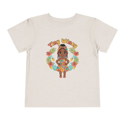 Beige t-shirt with a cartoon character and 'Tiny Winey' text on a white background