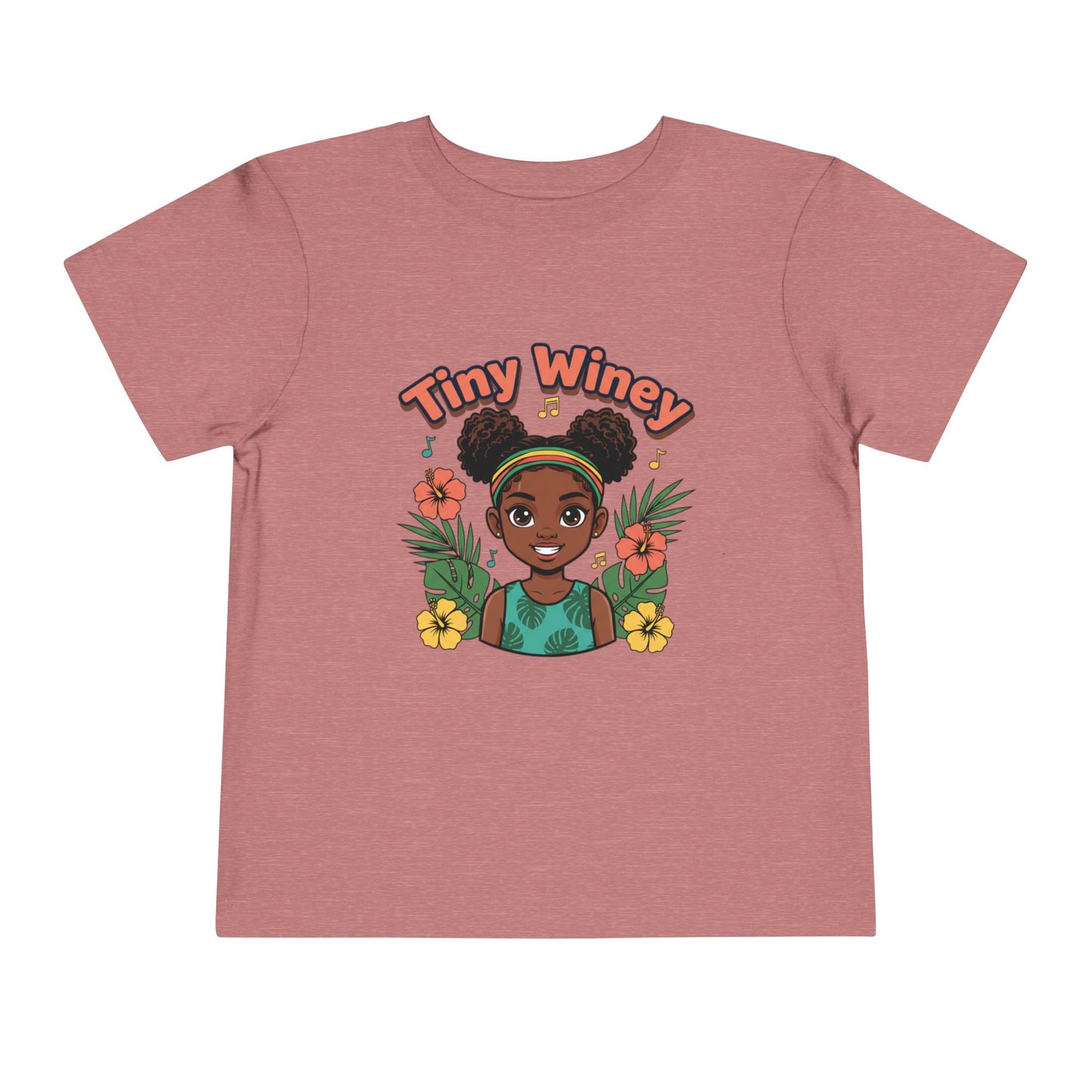 Pink t-shirt with a graphic of a girl with flowers and 'Tiny Winey' text on a white background