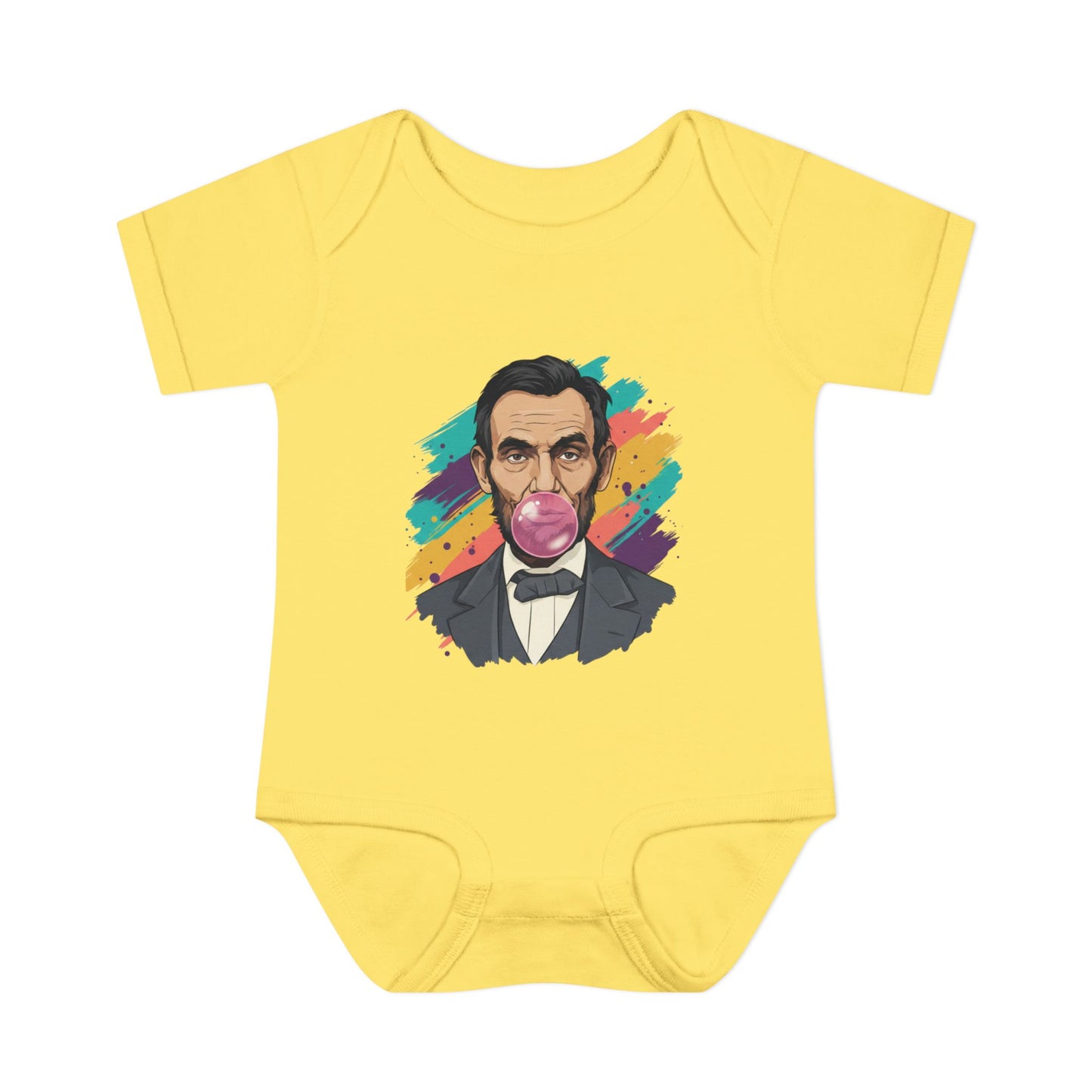 Yellow baby onesie with a colorful graphic of a historical figure on a white background