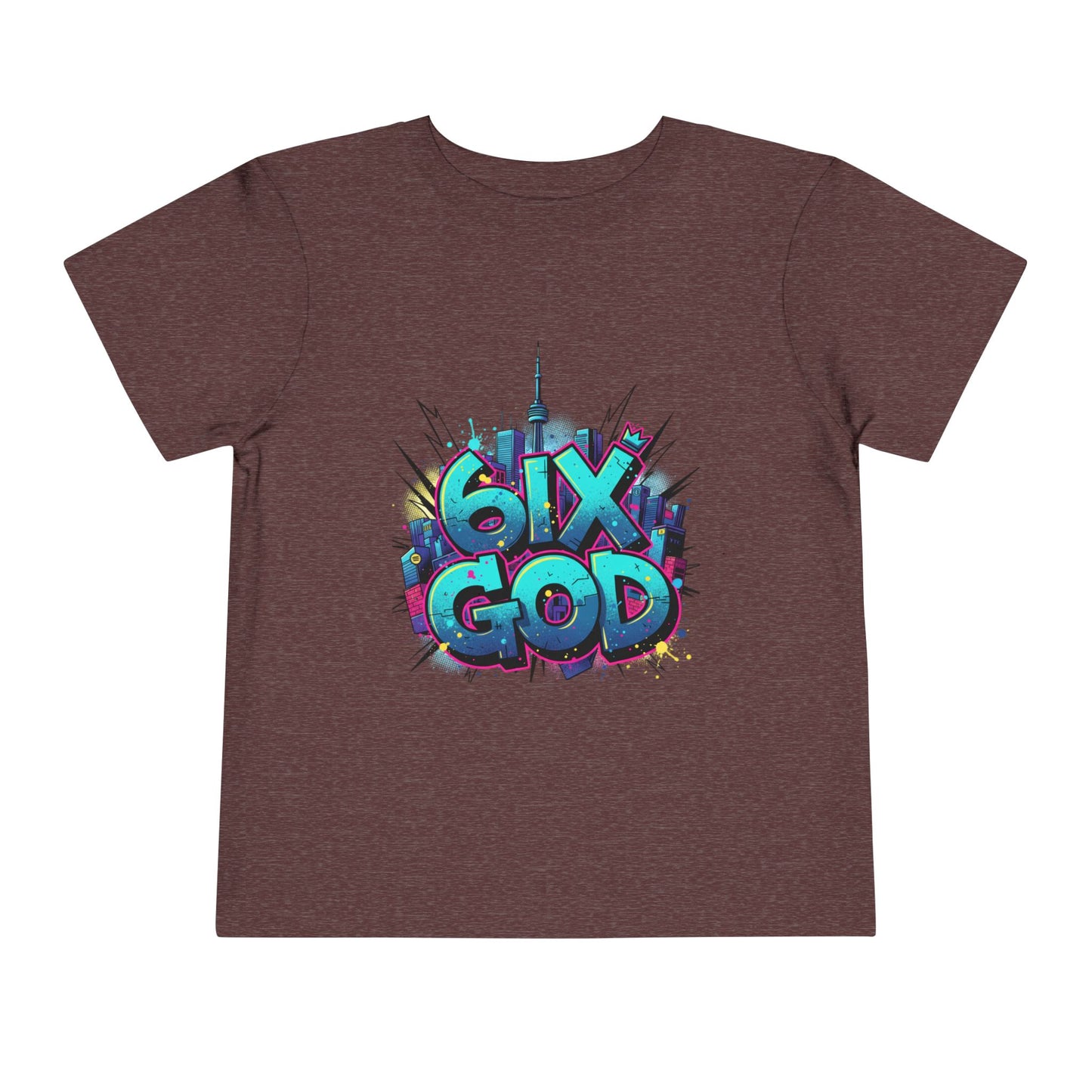 Brown t-shirt with colorful '6ix God' graphic design on a white background
