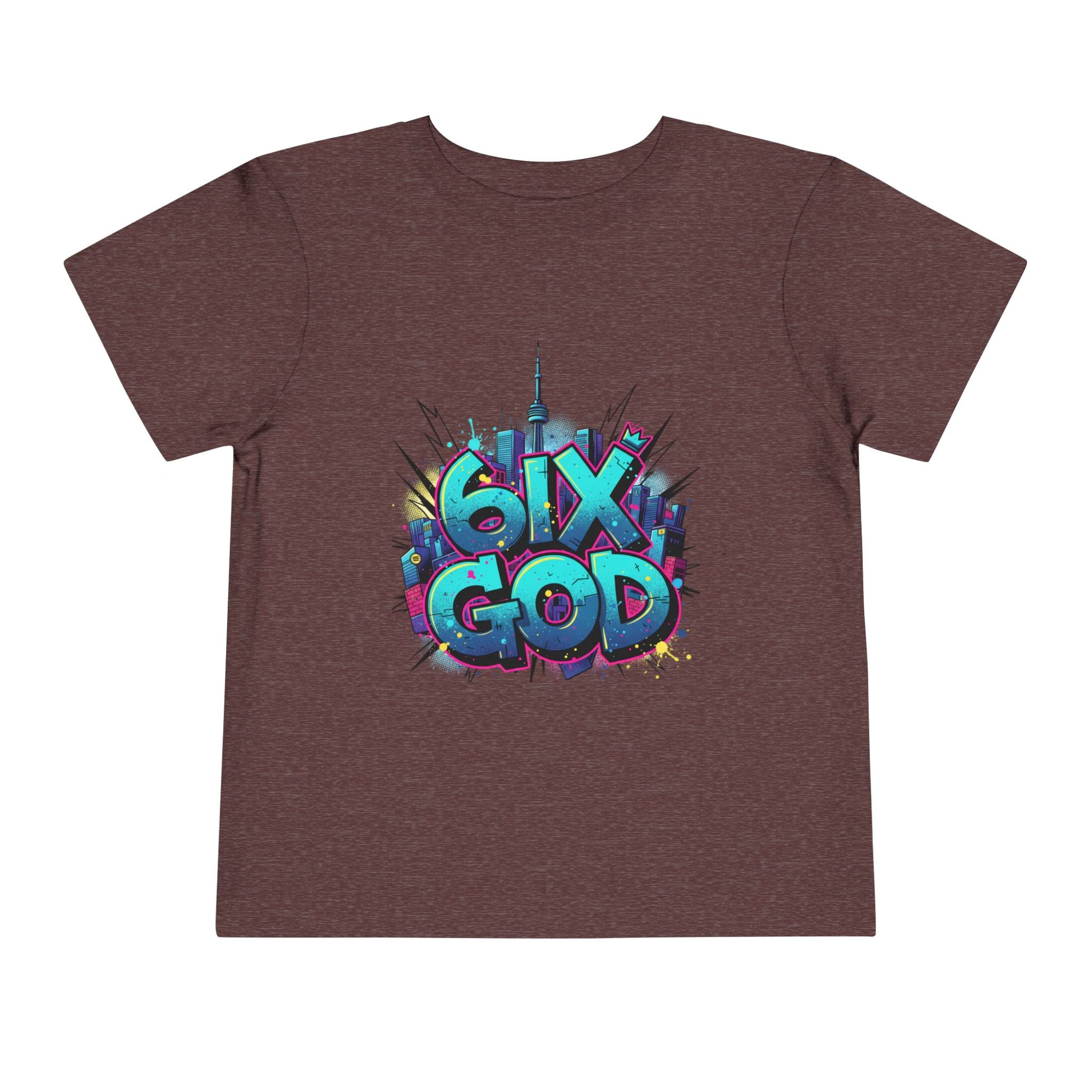 Brown t-shirt with colorful '6ix God' graphic design on a white background