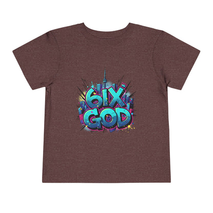 Brown t-shirt with colorful '6ix God' graphic design on a white background