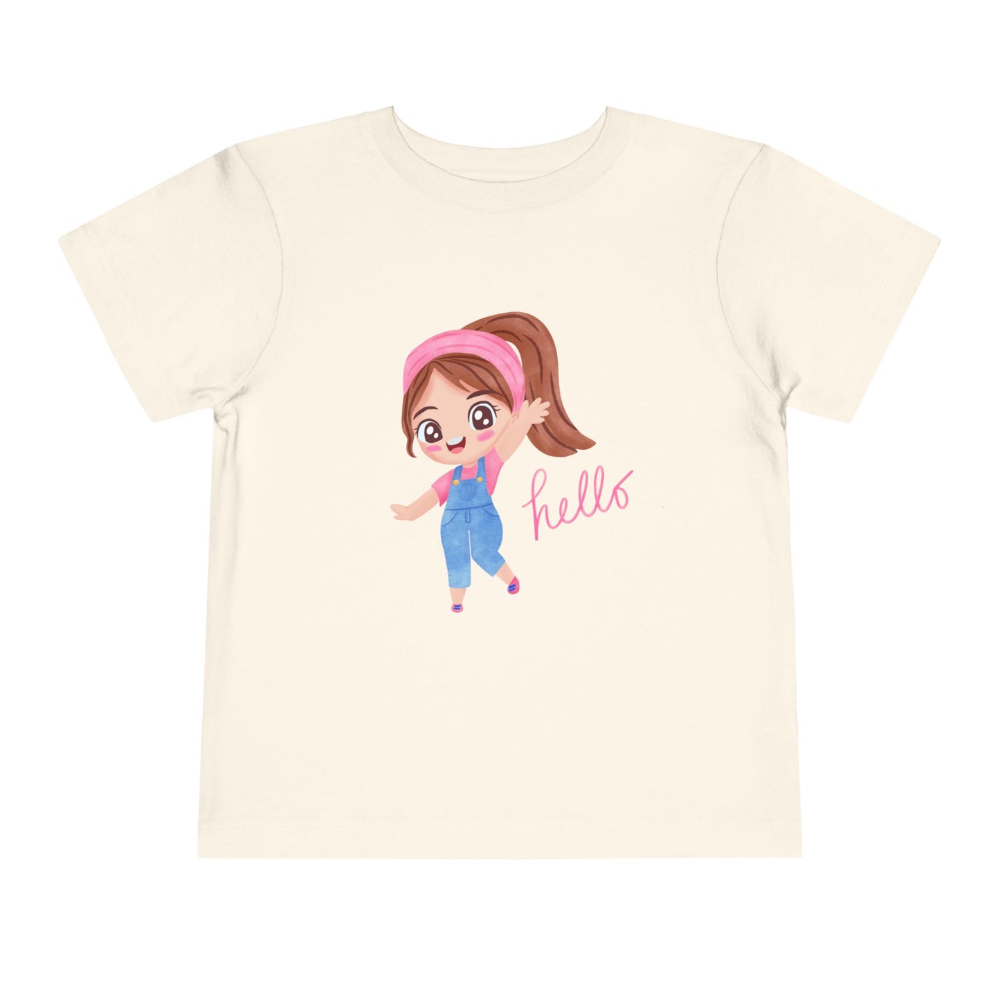 Beige t-shirt with a cartoon girl and 'hello' text on a white background