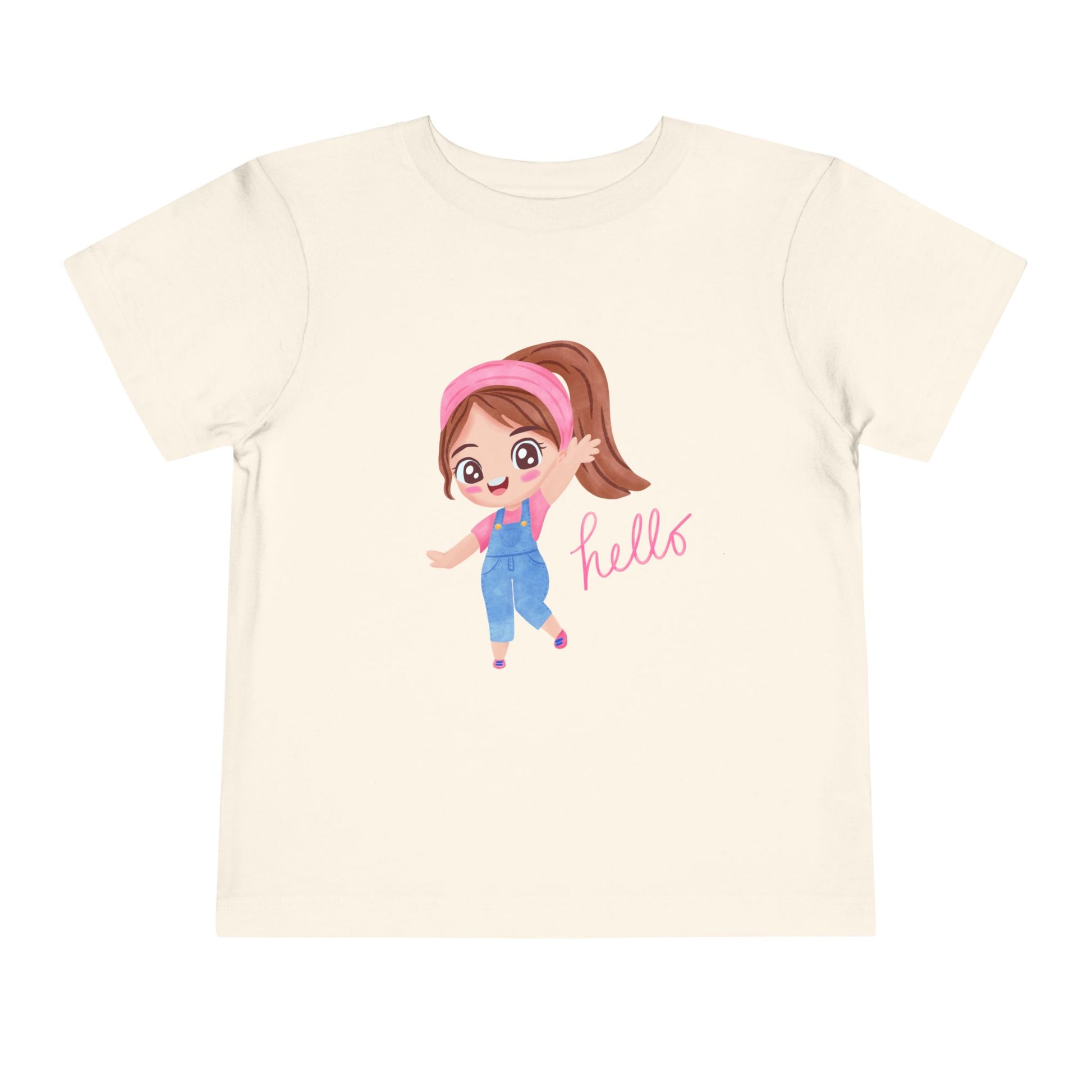 Beige t-shirt with a cartoon girl and 'hello' text on a white background
