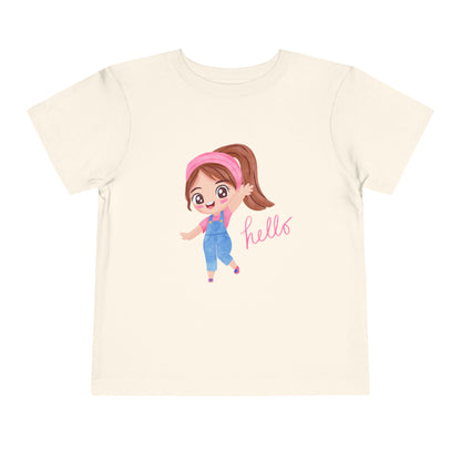 Beige t-shirt with a cartoon girl and 'hello' text on a white background