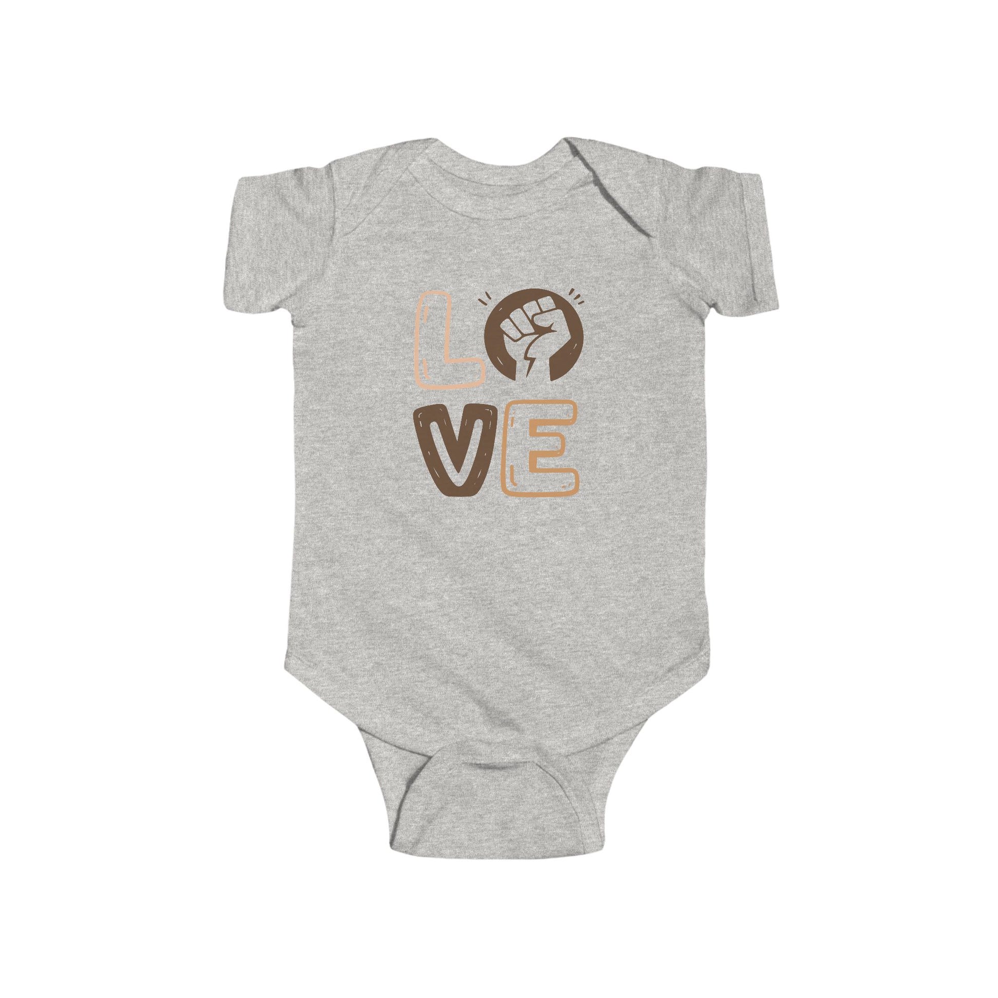 Gray baby onesie with 'LOVE' and a fist graphic on a white background