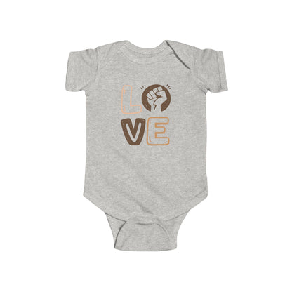 Gray baby onesie with 'LOVE' and a fist graphic on a white background