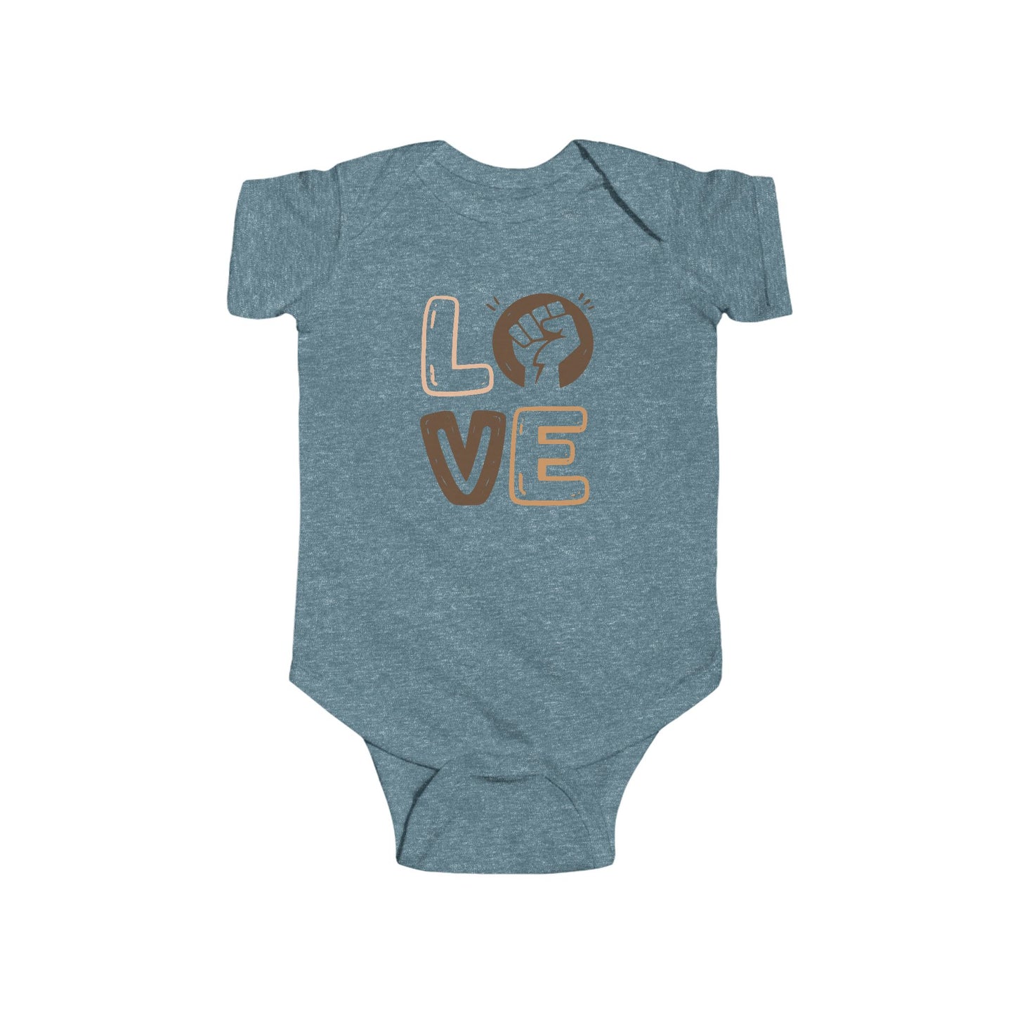 Blue baby onesie with 'LOVE' printed on it against a white background