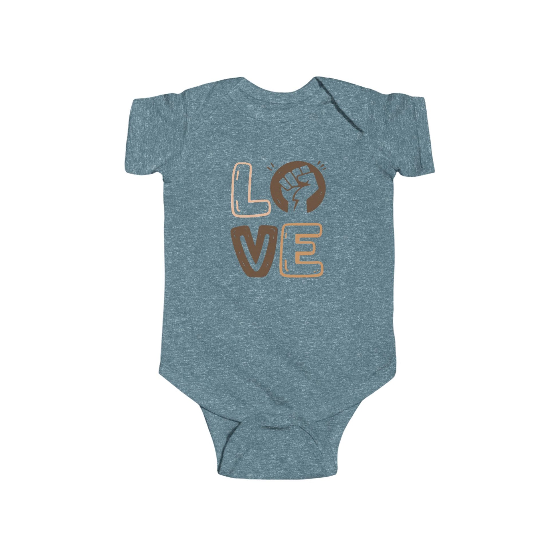Blue baby onesie with 'LOVE' printed on it against a white background