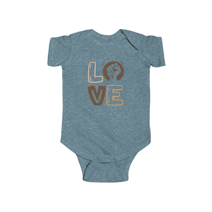Blue baby onesie with 'LOVE' printed on it against a white background