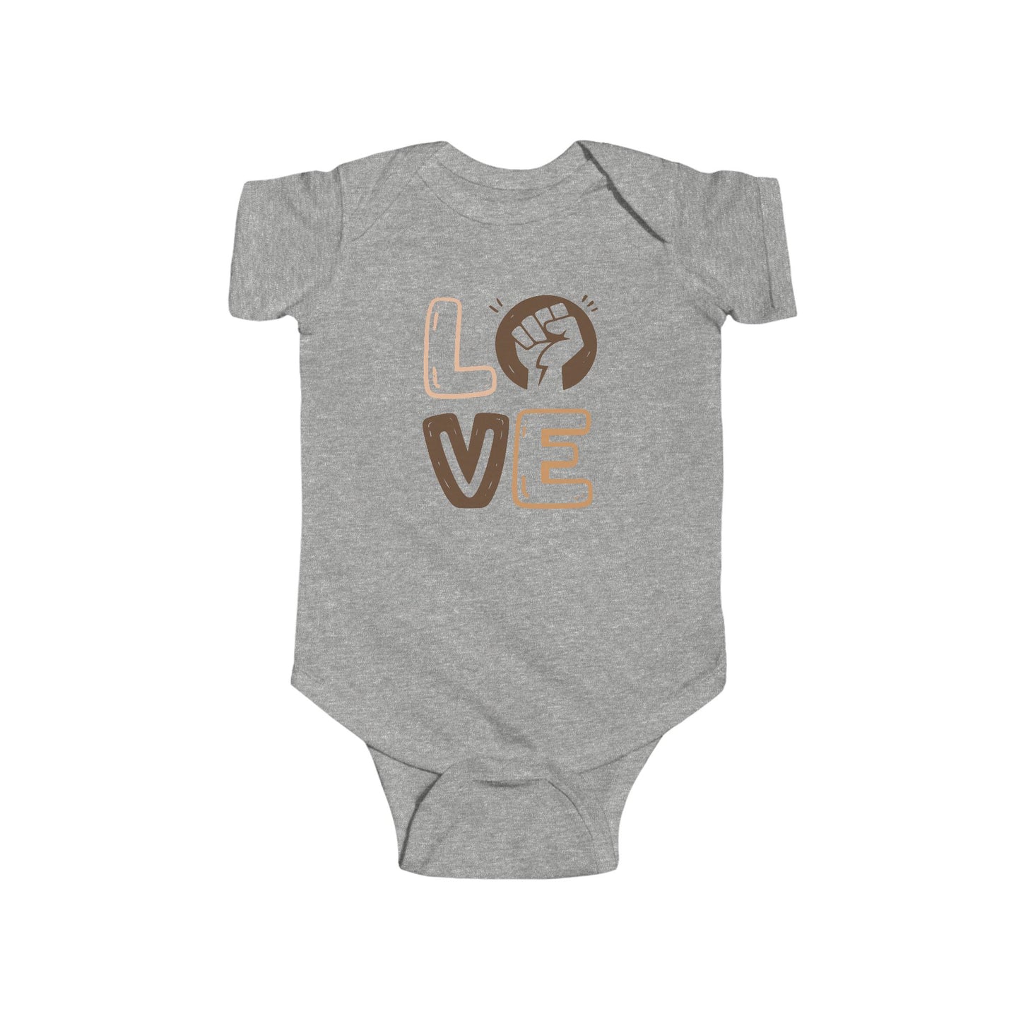 Gray baby onesie with 'LOVE' and a fist graphic on a white background