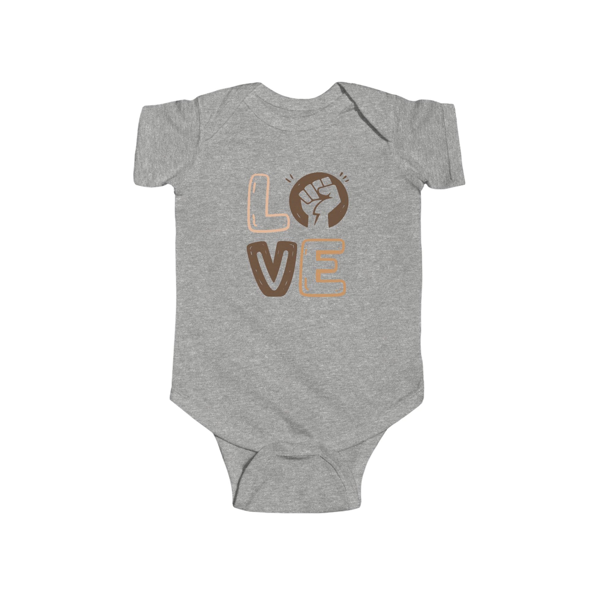 Gray baby onesie with 'LOVE' and a fist graphic on a white background