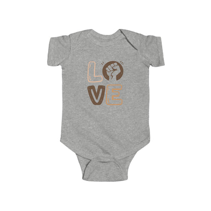 Gray baby onesie with 'LOVE' and a fist graphic on a white background