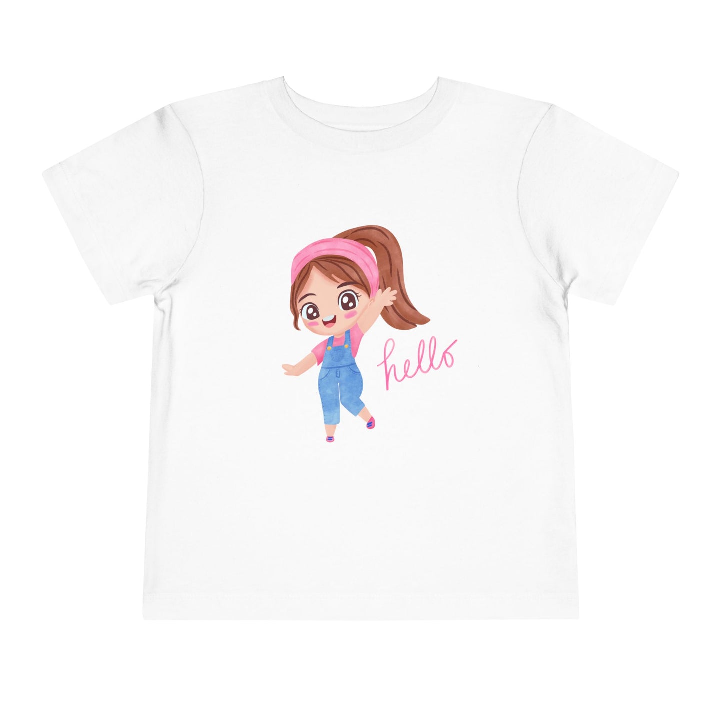 White t-shirt with a cartoon girl and 'hello' text on a white background