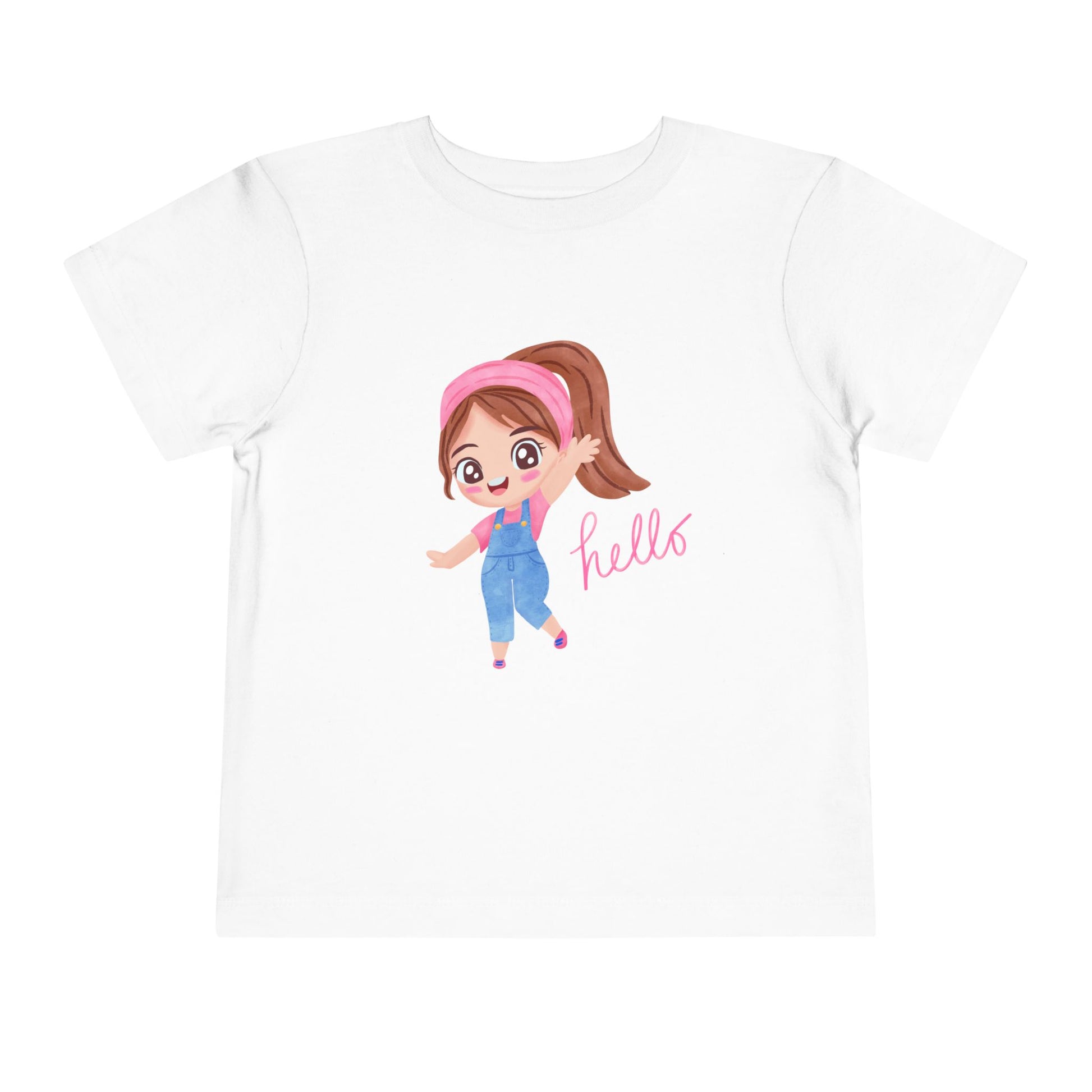 White t-shirt with a cartoon girl and 'hello' text on a white background