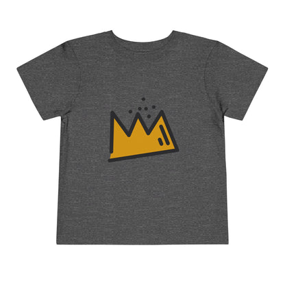 Gray t-shirt with a yellow mountain graphic on a white background