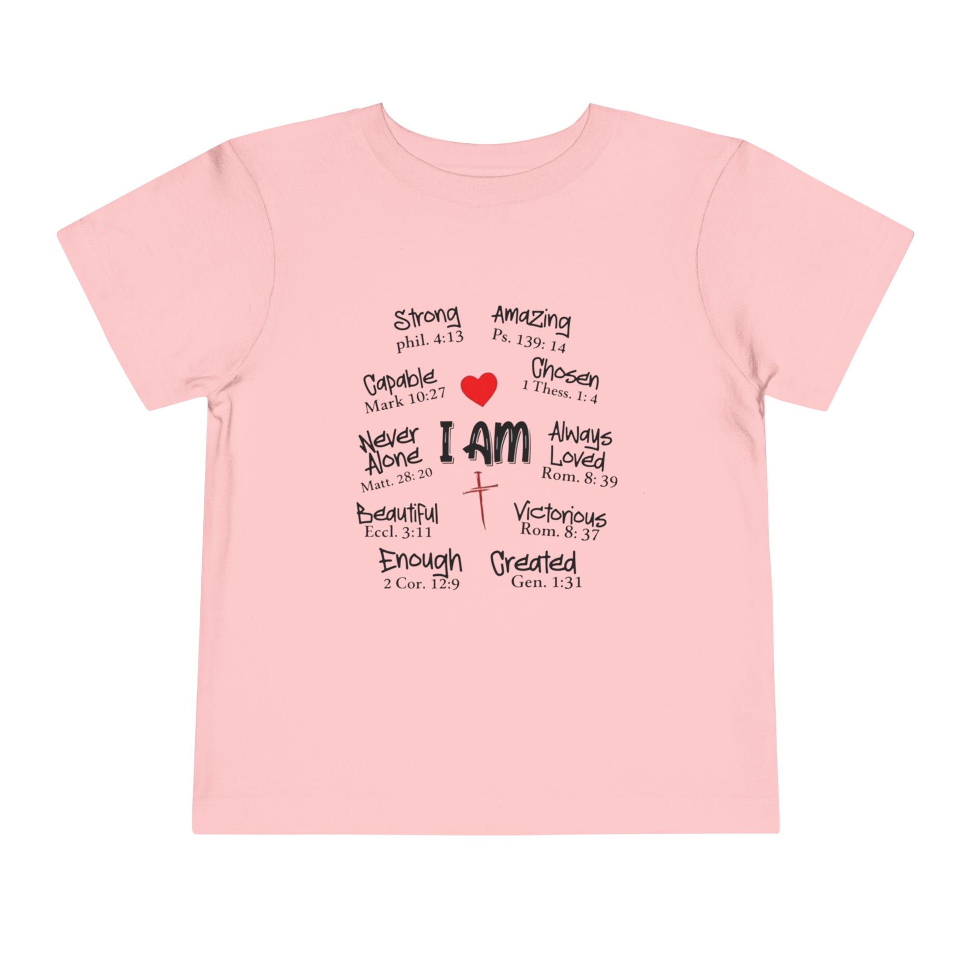 Pink t-shirt with motivational text and a red heart on a white background