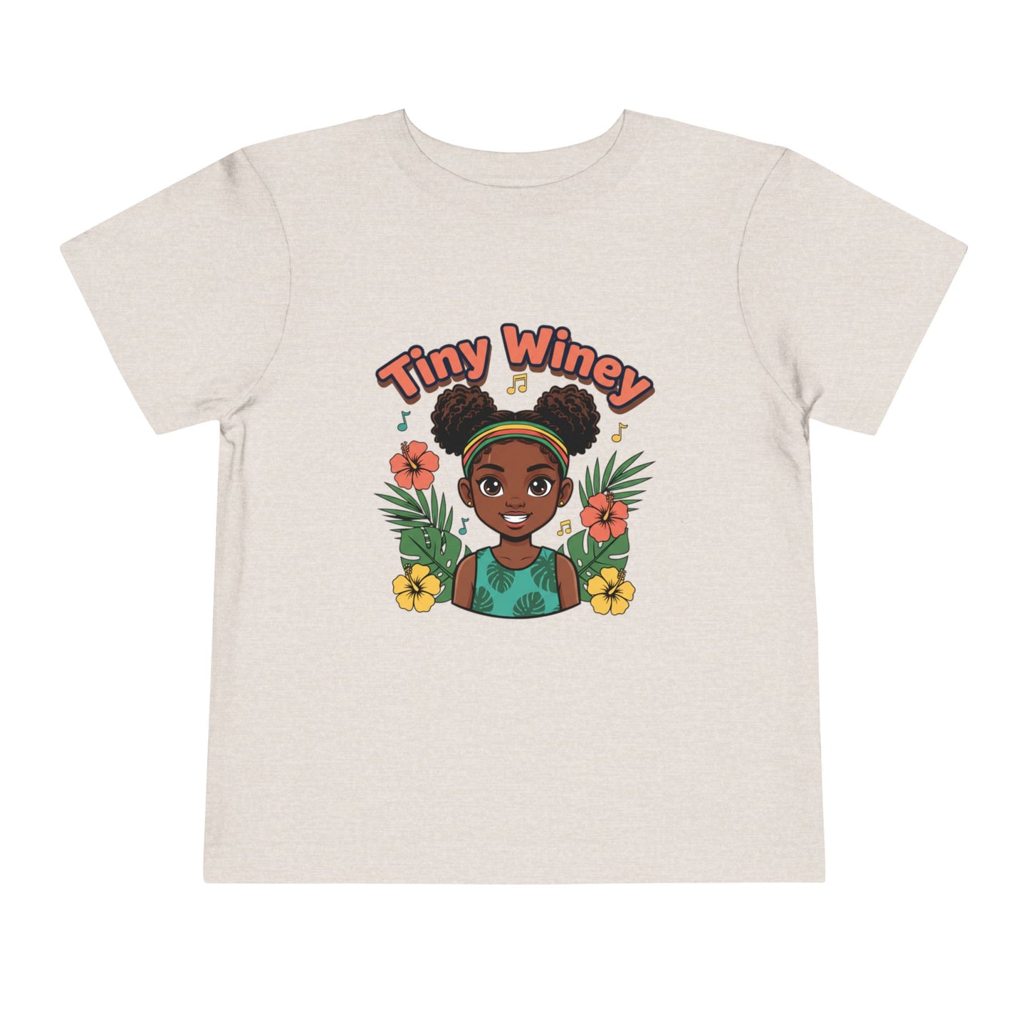 Beige t-shirt with a graphic of a girl and 'Tiny Winey' text on a white background