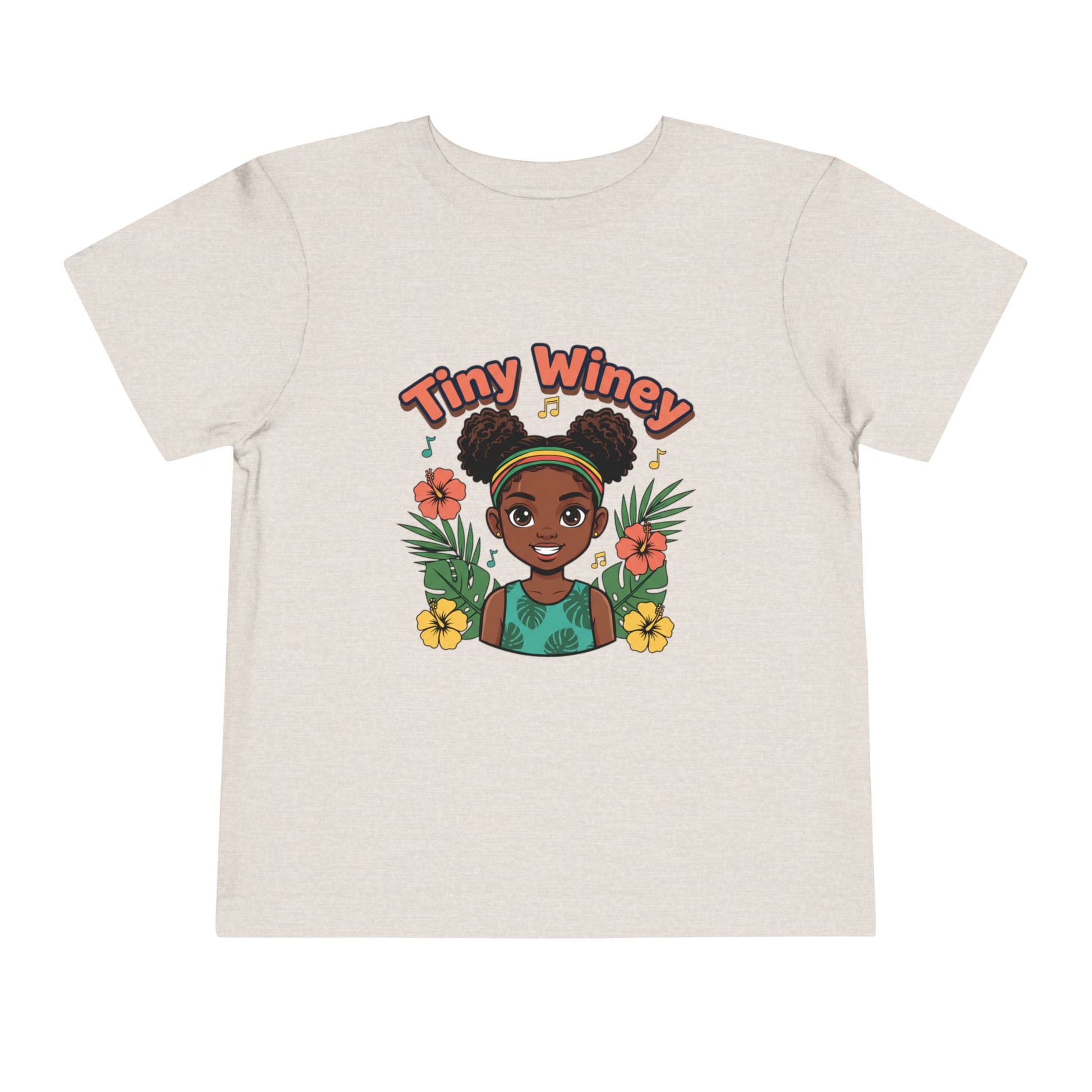 Beige t-shirt with a graphic of a girl and 'Tiny Winey' text on a white background