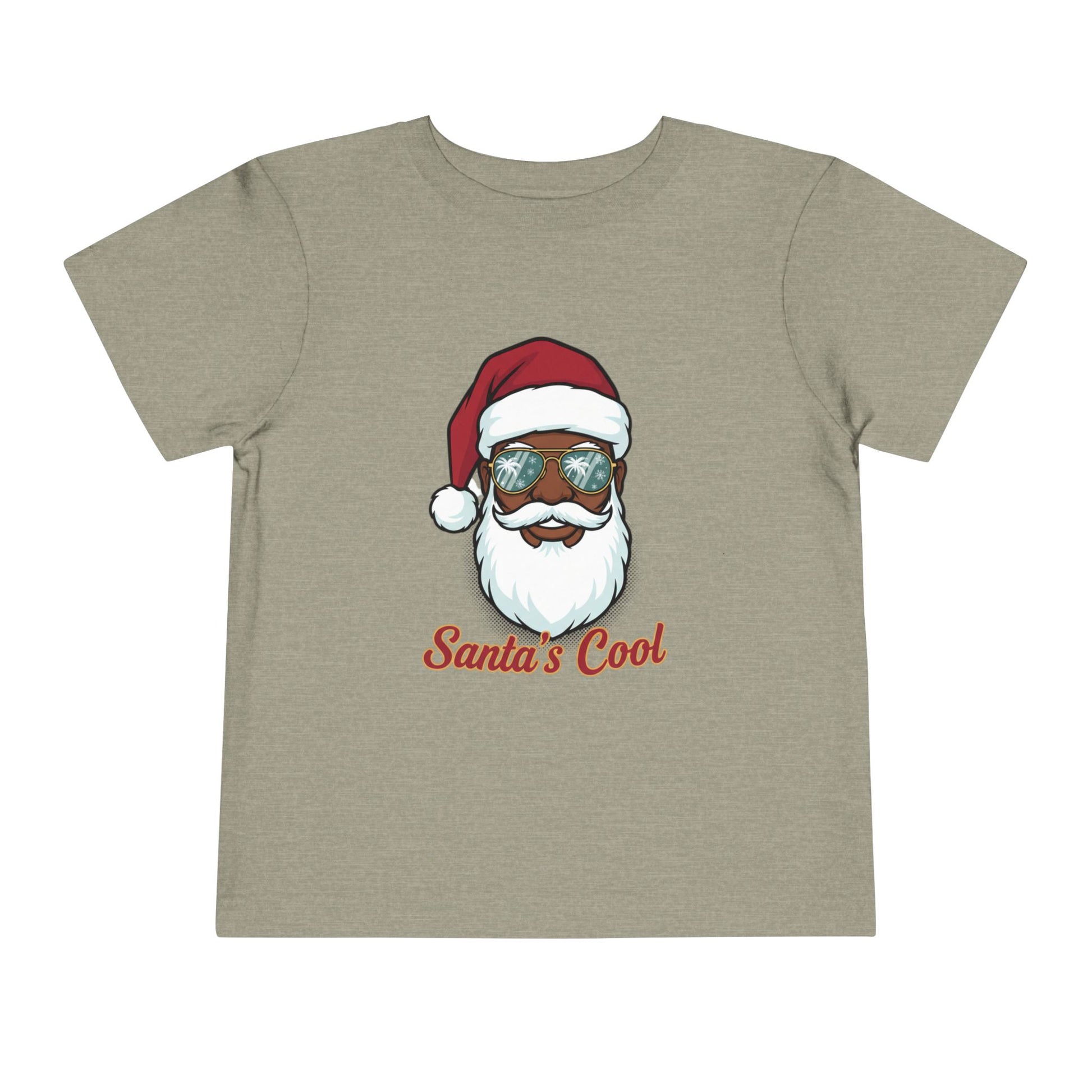 Beige t-shirt with a graphic of a Santa Claus face wearing sunglasses and 'Santa's Cool' text on a white background.