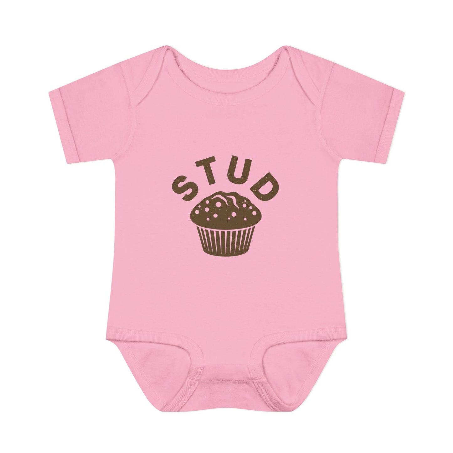 Pink baby onesie with 'STUD' and a muffin graphic on a white background