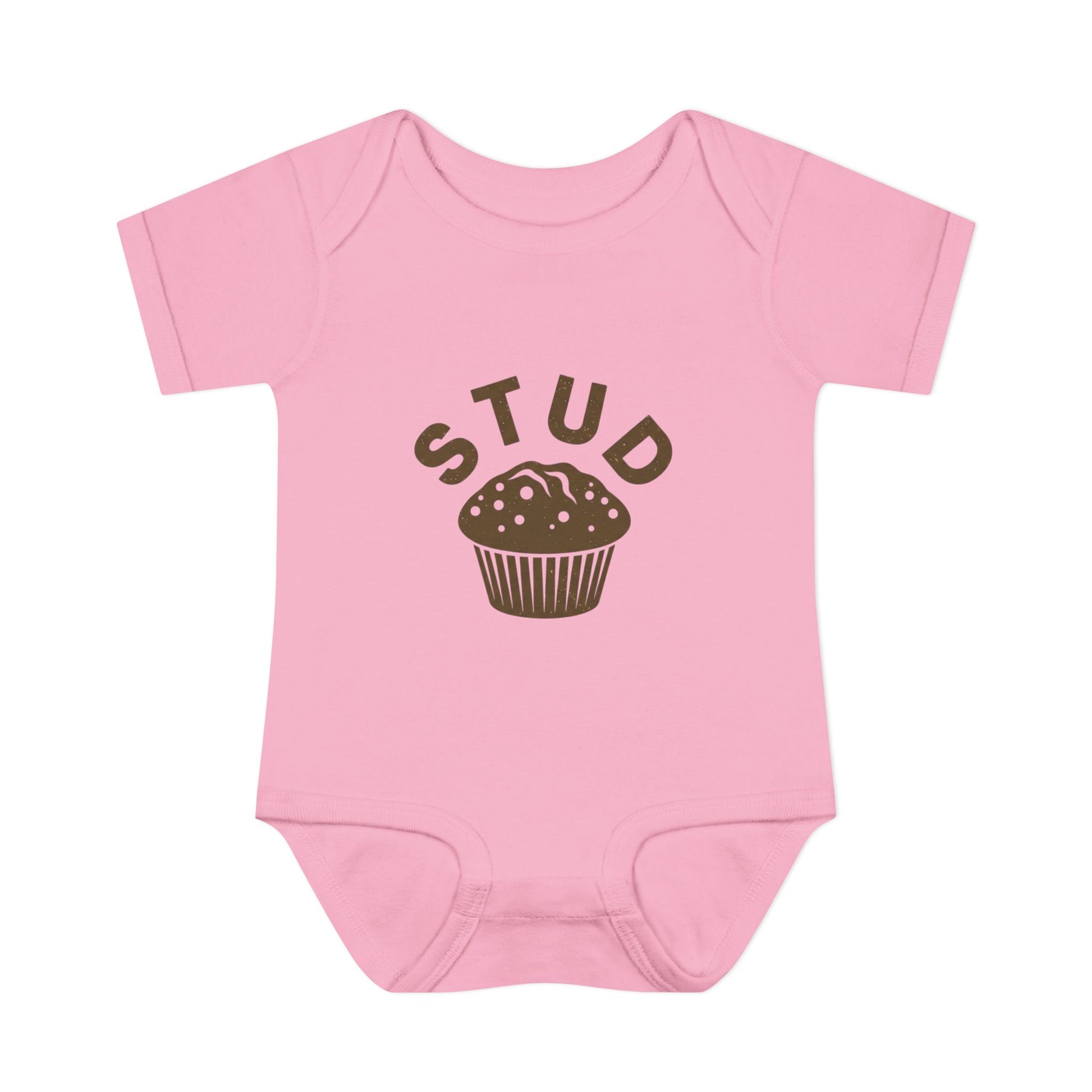 Pink baby onesie with 'STUD' and a muffin graphic on a white background