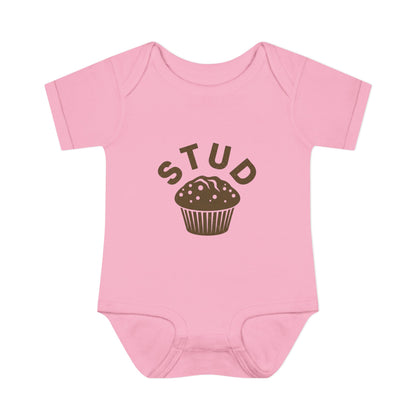 Pink baby onesie with 'STUD' and a muffin graphic on a white background
