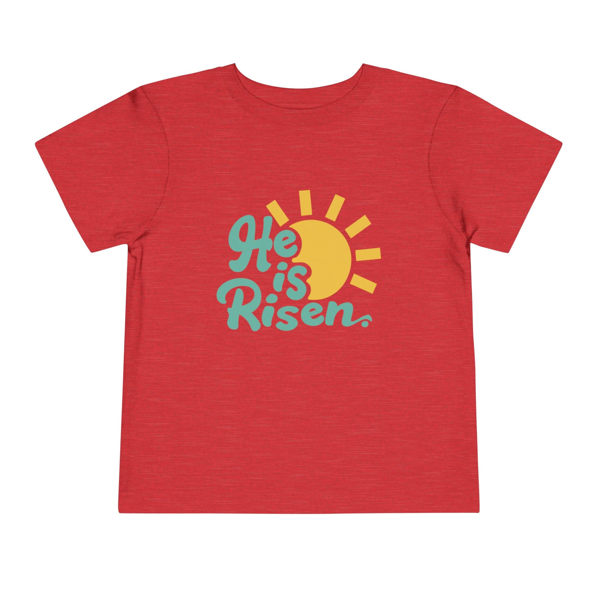 Red t-shirt with 'He is Risen' design featuring a sun on a white background