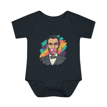 Black baby onesie with a colorful graphic of a historical figure on a white background
