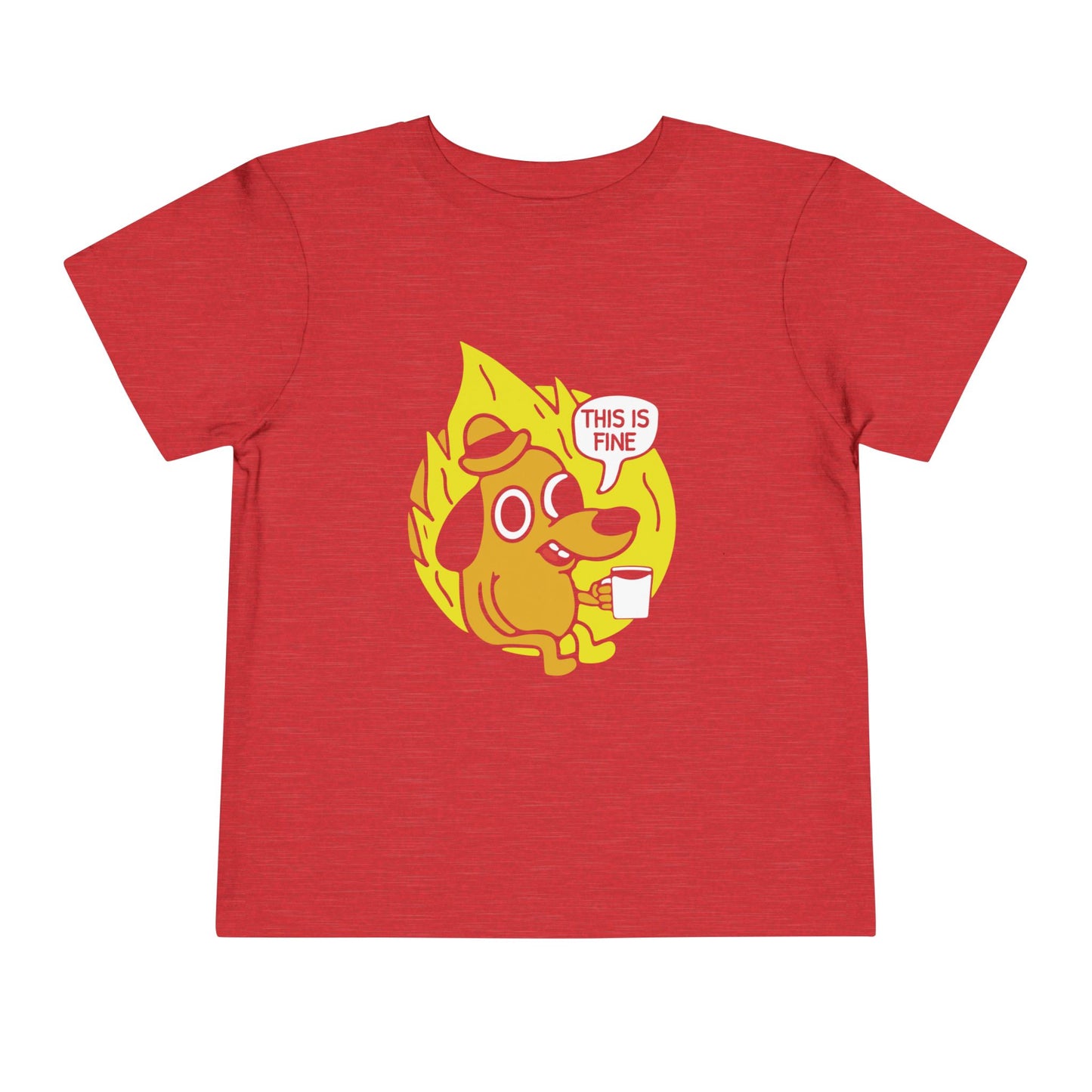 Red t-shirt with a yellow dog graphic and 'This is fine' text on a white background