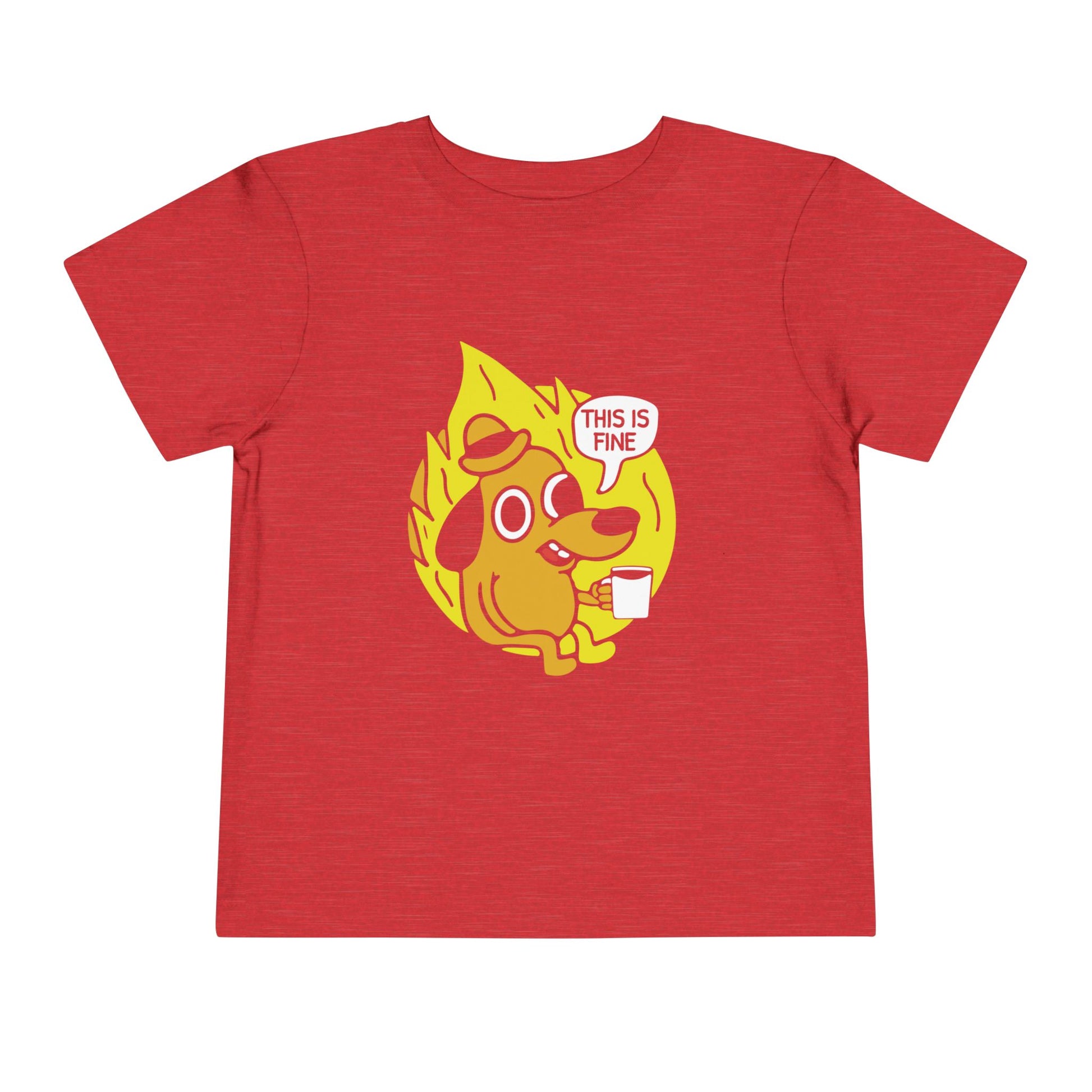 Red t-shirt with a yellow dog graphic and 'This is fine' text on a white background