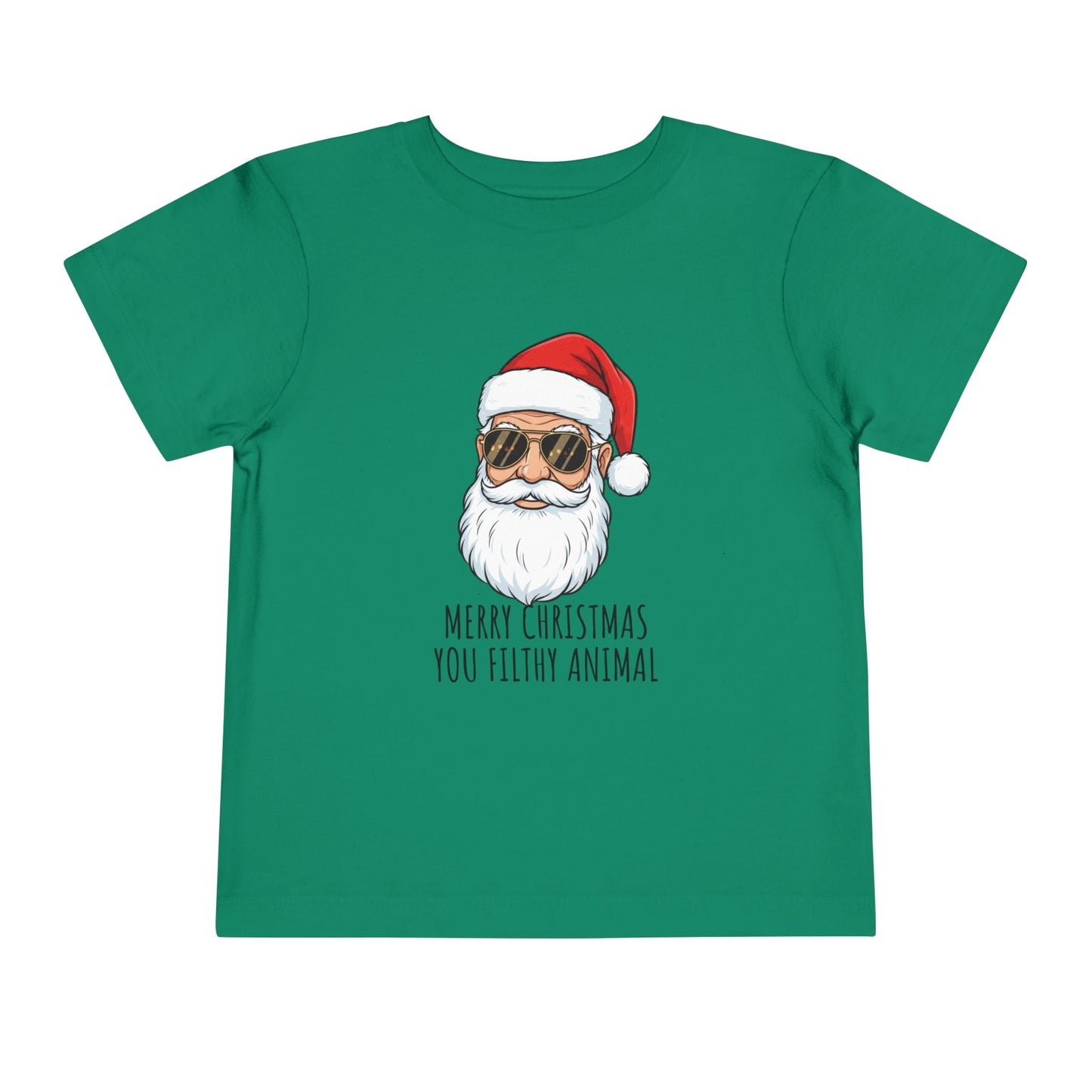 Green t-shirt with Santa Claus graphic and text on a white background