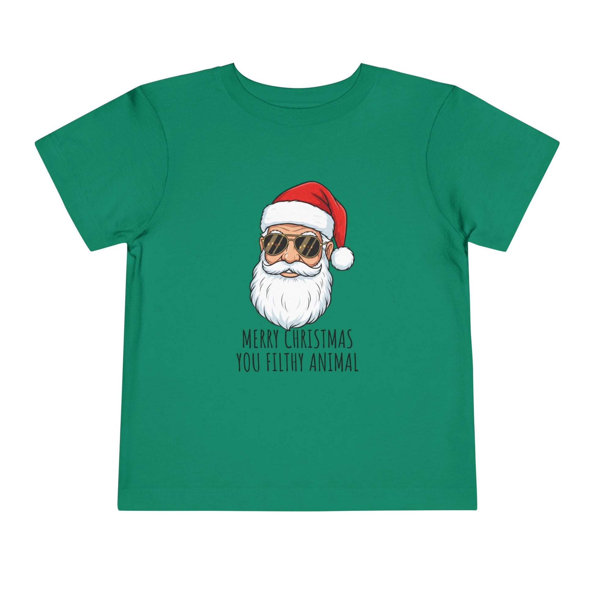 Green t-shirt with Santa Claus graphic and text on a white background