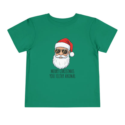 Green t-shirt with Santa Claus graphic and text on a white background