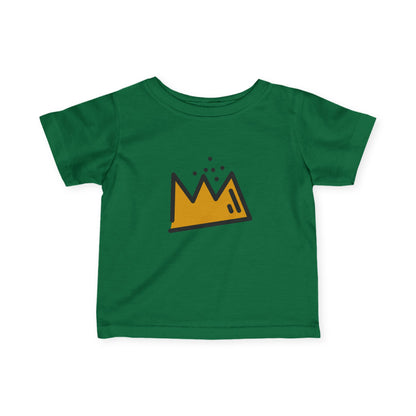 Green t-shirt with a yellow and black Basquiat graphic on a white background