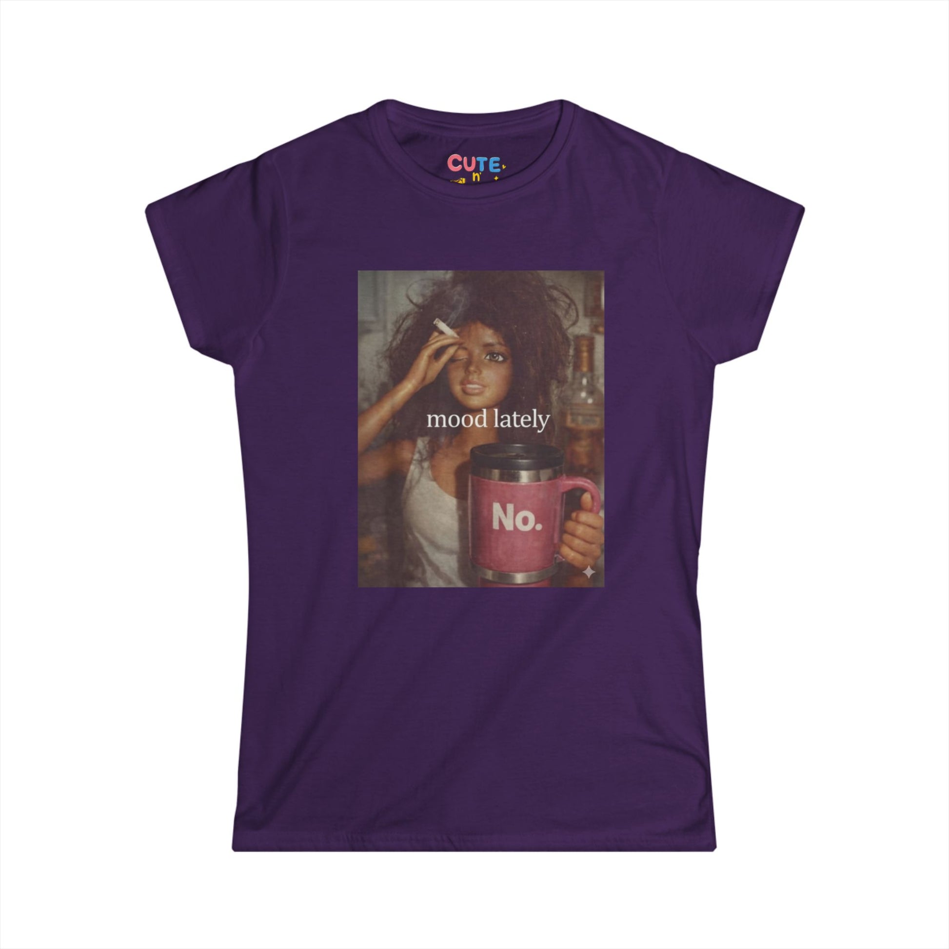 Purple t-shirt with a graphic of a woman holding a mug and text 'mood lately No.' on a white background.