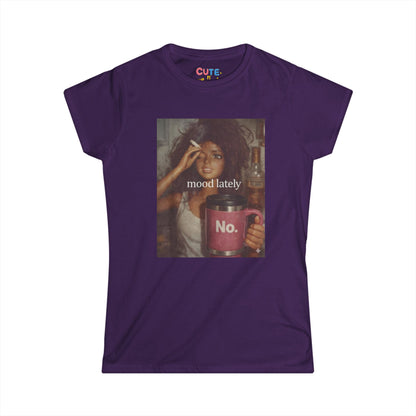 Purple t-shirt with a graphic of a woman holding a mug and text 'mood lately No.' on a white background.
