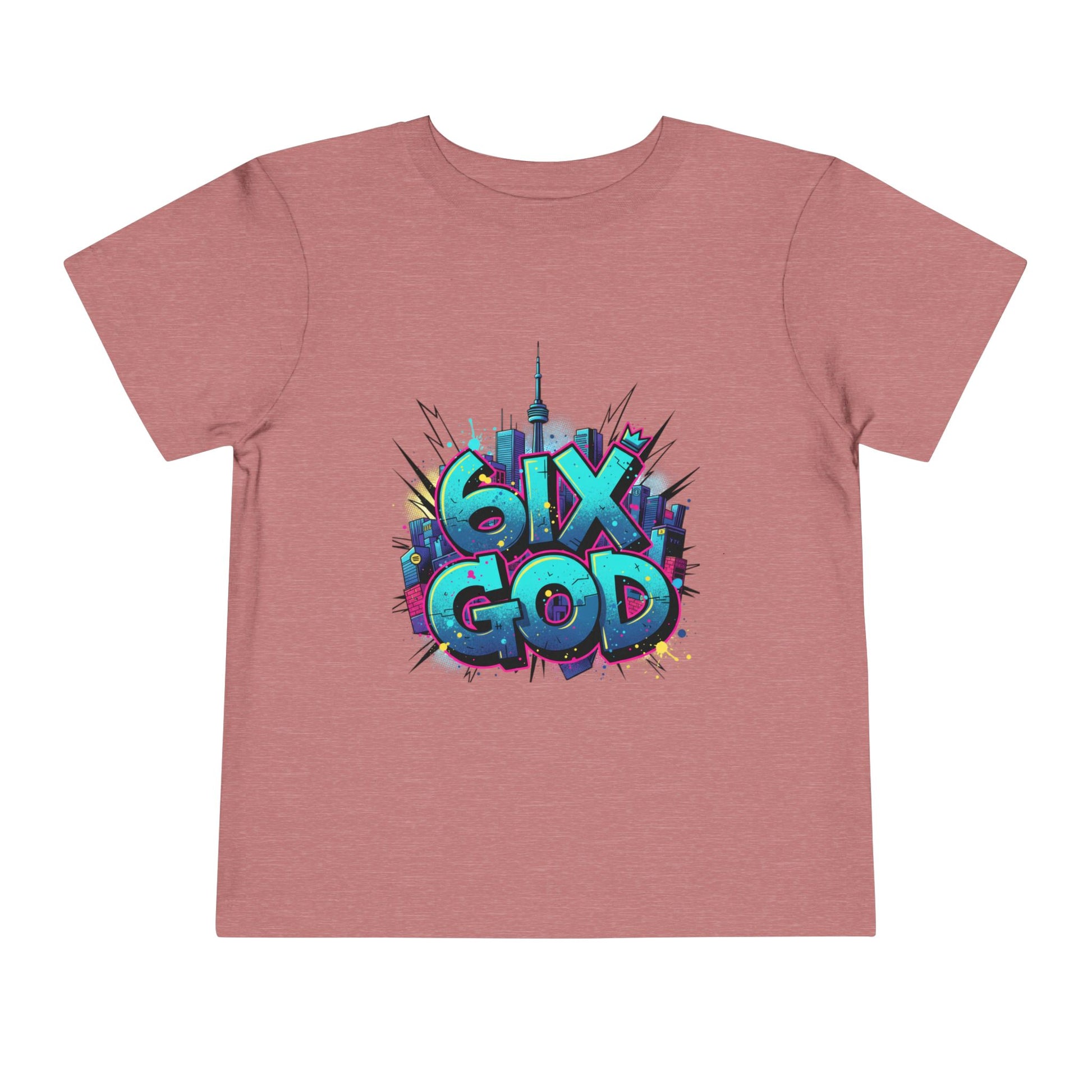 Pink t-shirt with colorful '6IX GOD' graphic on a white background