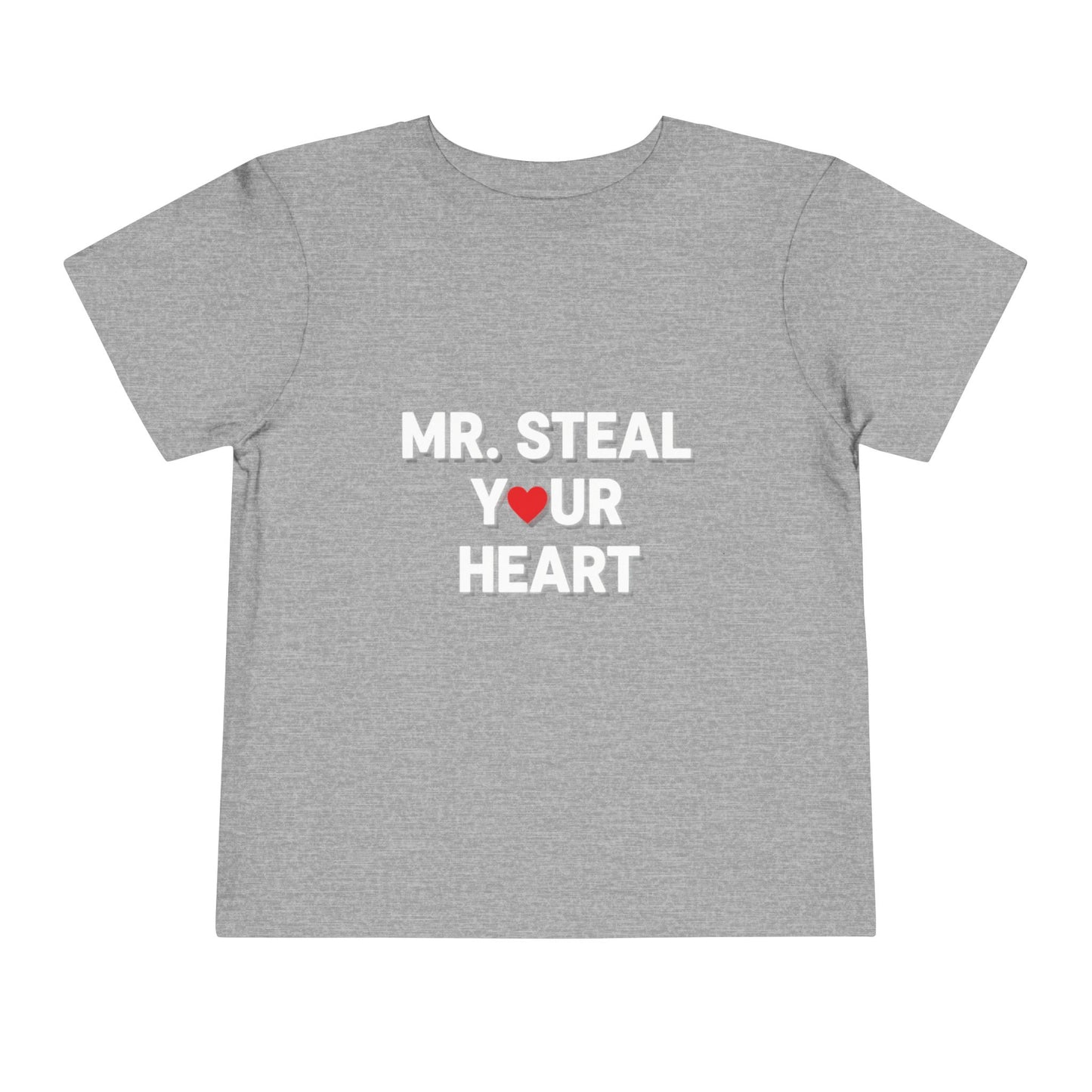 Gray t-shirt with 'MR. STEAL YOUR HEART' text and red heart on a white background