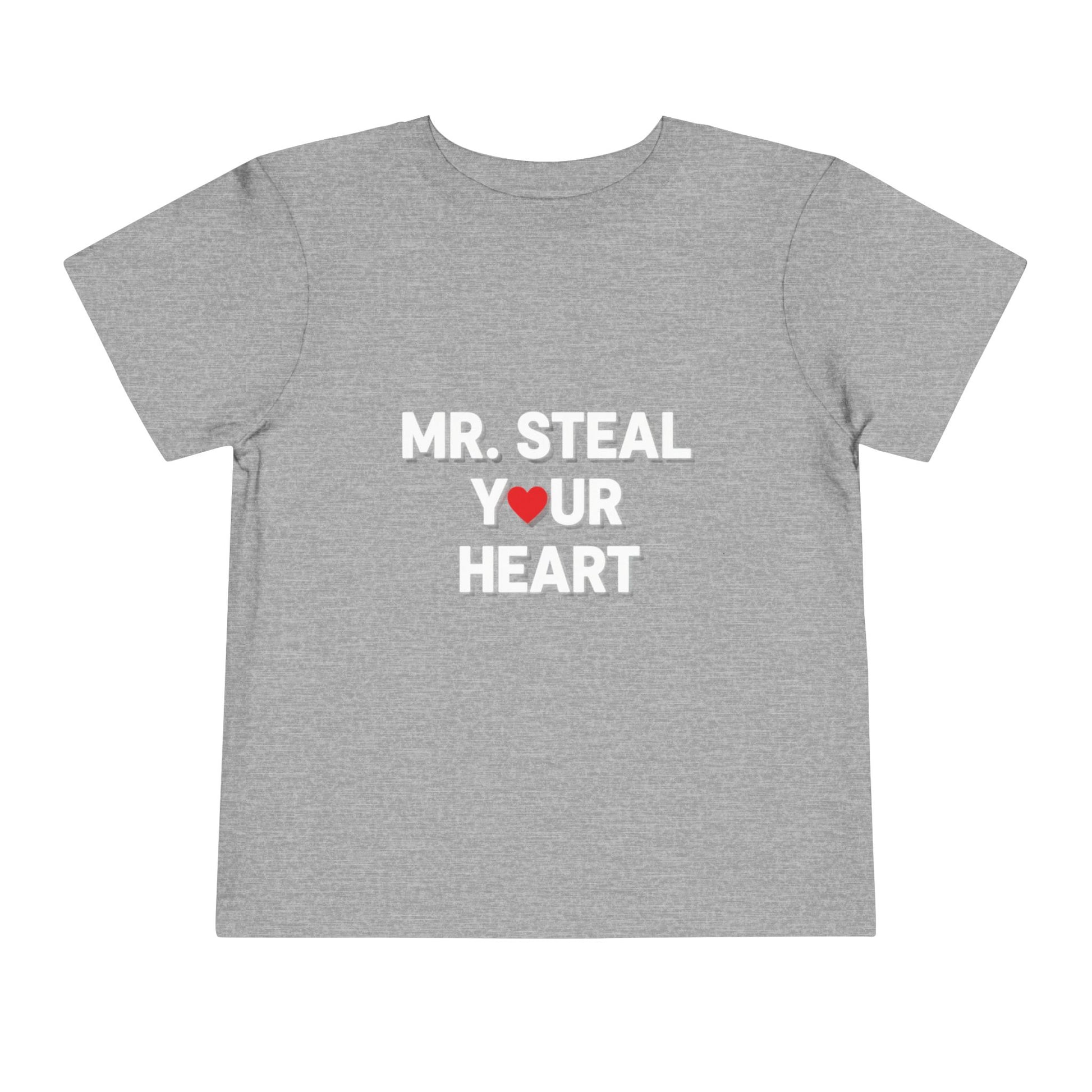 Gray t-shirt with 'MR. STEAL YOUR HEART' text and red heart on a white background