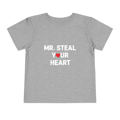 Gray t-shirt with 'MR. STEAL YOUR HEART' text and red heart on a white background
