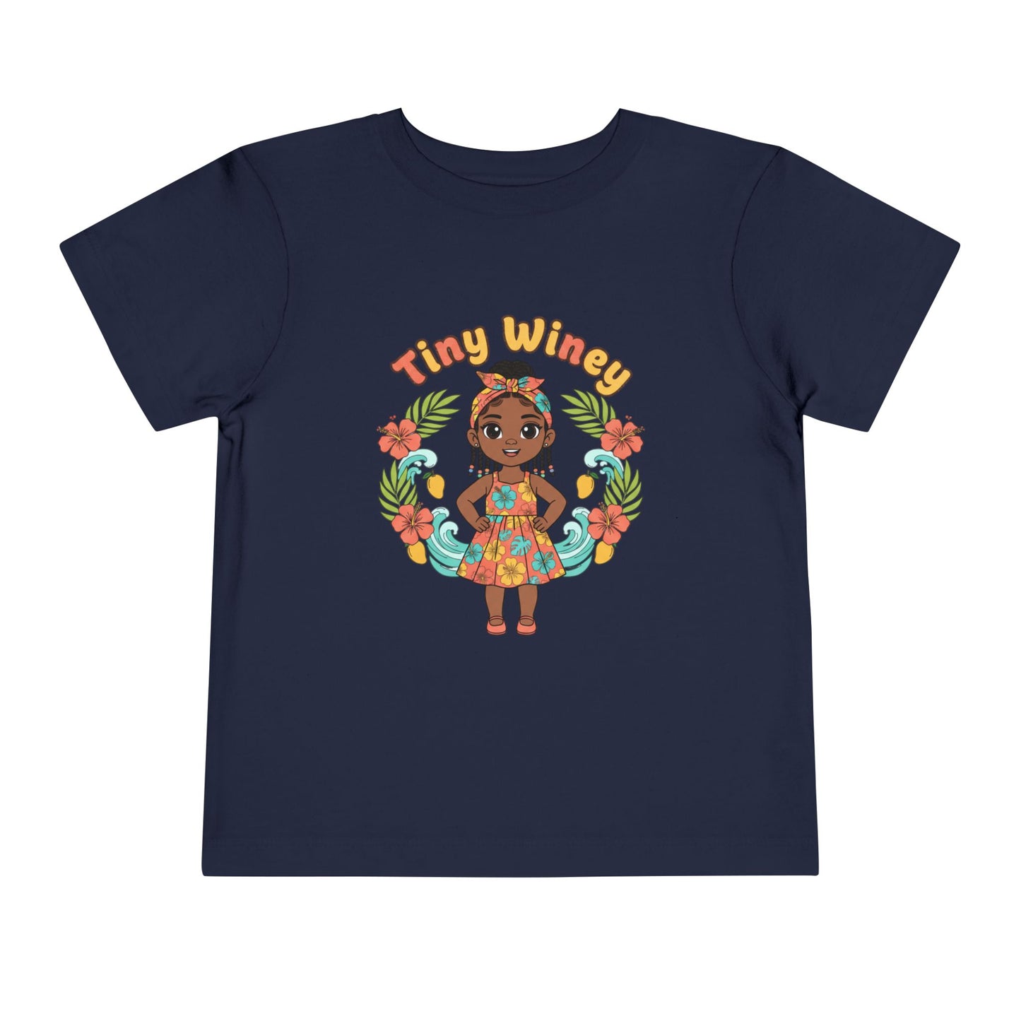 Navy blue t-shirt with a colorful graphic of a girl and 'Tiny Winey' text on a white background