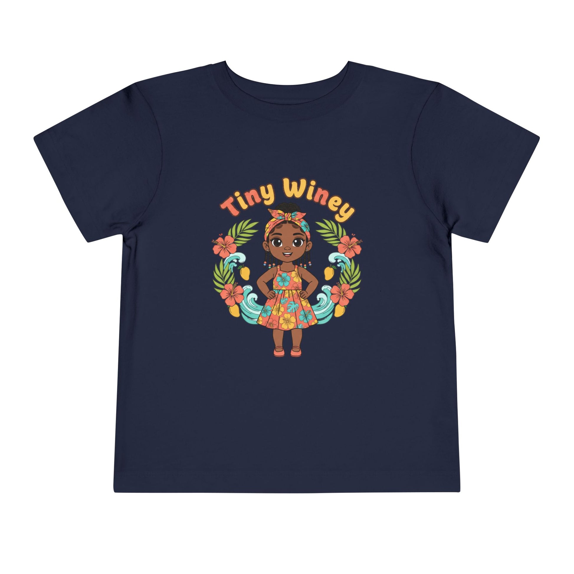 Navy blue t-shirt with a colorful graphic of a girl and 'Tiny Winey' text on a white background