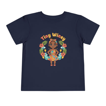 Navy blue t-shirt with a colorful graphic of a girl and 'Tiny Winey' text on a white background