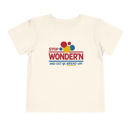 White t-shirt with colorful text design on a white background