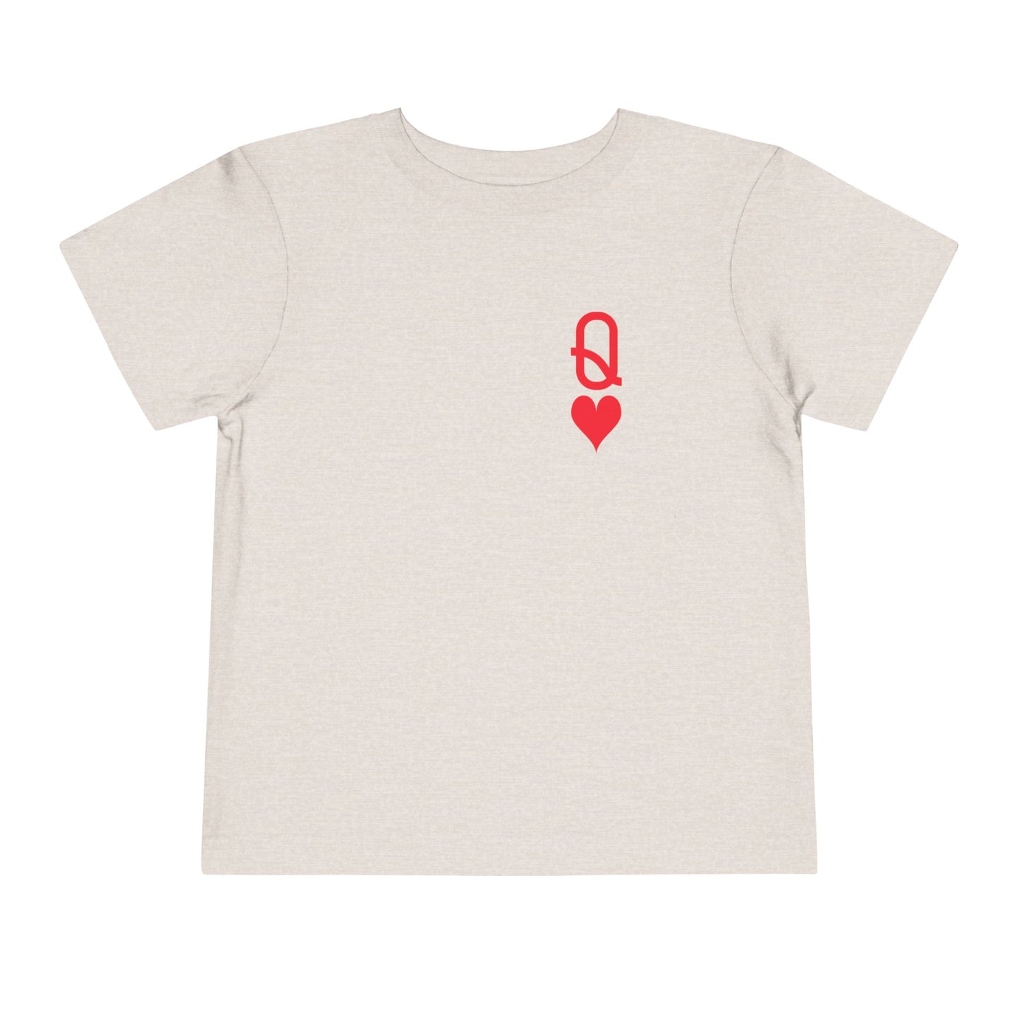 Beige t-shirt with a red heart and letter 'Q' design on a white background