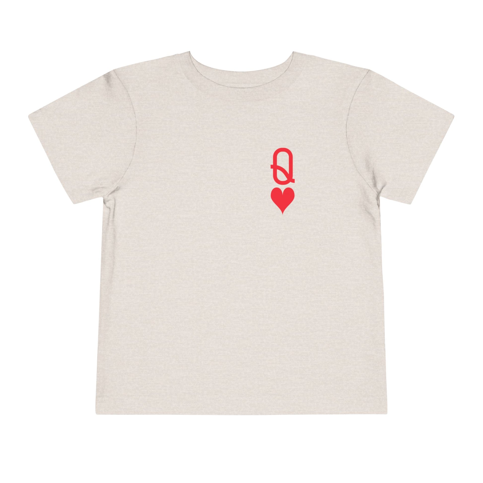 Beige t-shirt with a red heart and letter 'Q' design on a white background