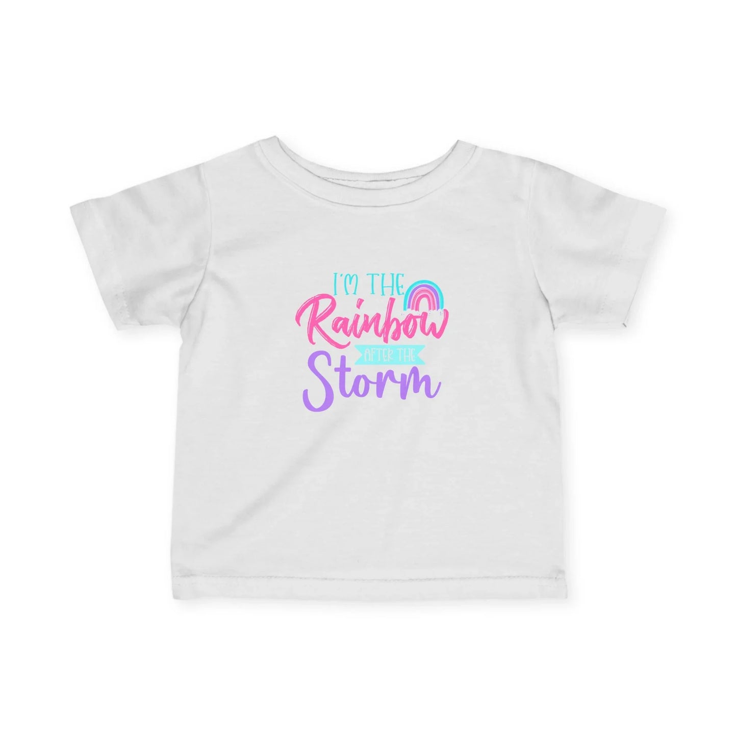 White t-shirt with colorful text and rainbow graphic on a white background