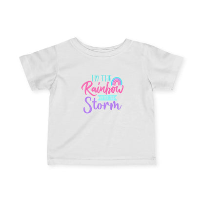 White t-shirt with colorful text and rainbow graphic on a white background